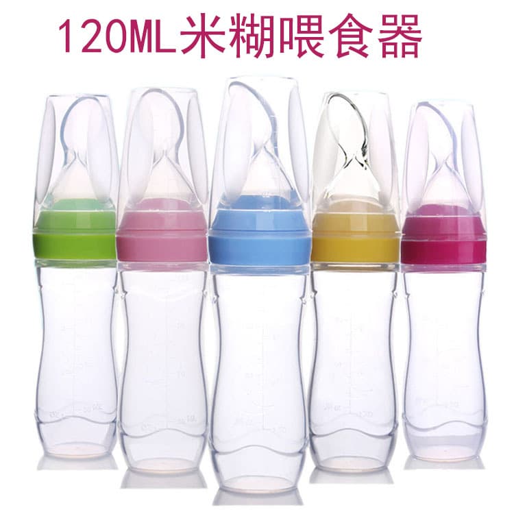 Mother and baby supplies silicone squeeze feeding spoon rice cereal bottle baby rice cereal spoon complementary food bottle feeder wholesale