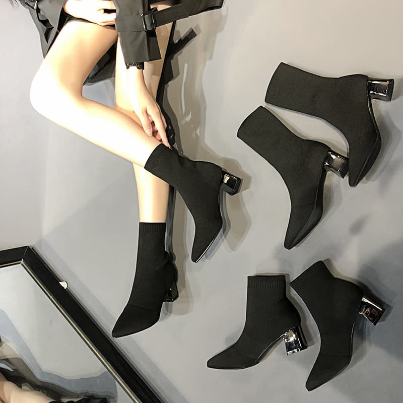 Fall Winter Martin High Heel Women's Boots Slim Thin Chunky Heel Versatile Mid-Calf Single Boot Fashionable Thickened Shaft