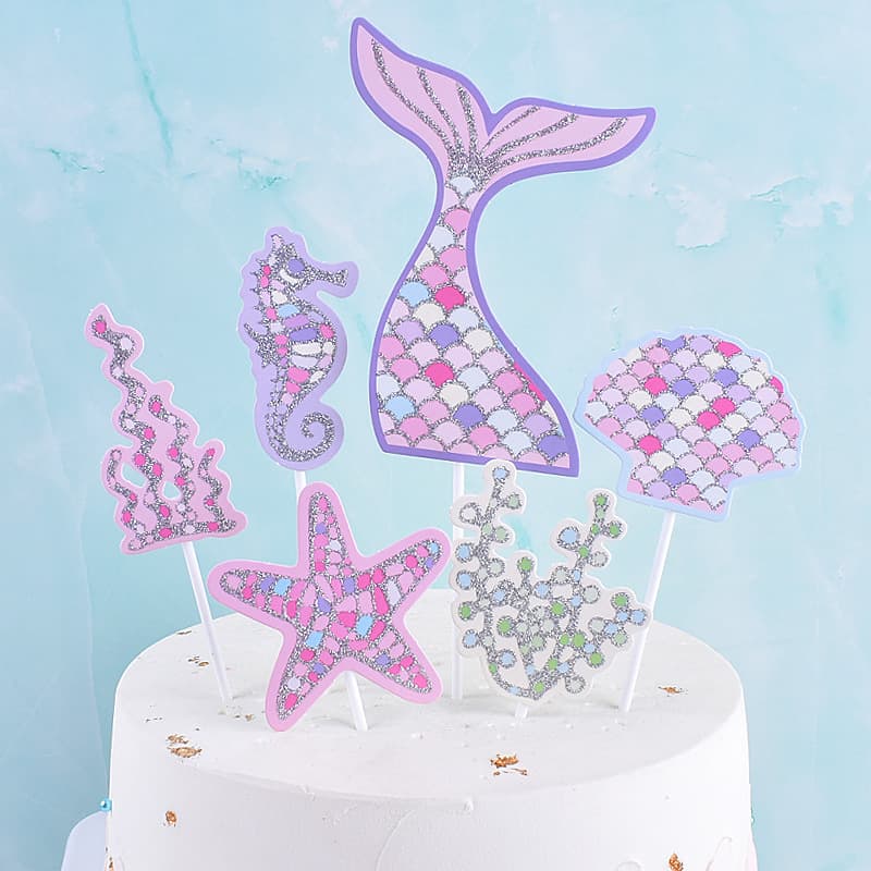 Glitter Ocean Cake Card Mermaid Tail Starfish Coral Birthday Cake Insert Baking Decorative Flag