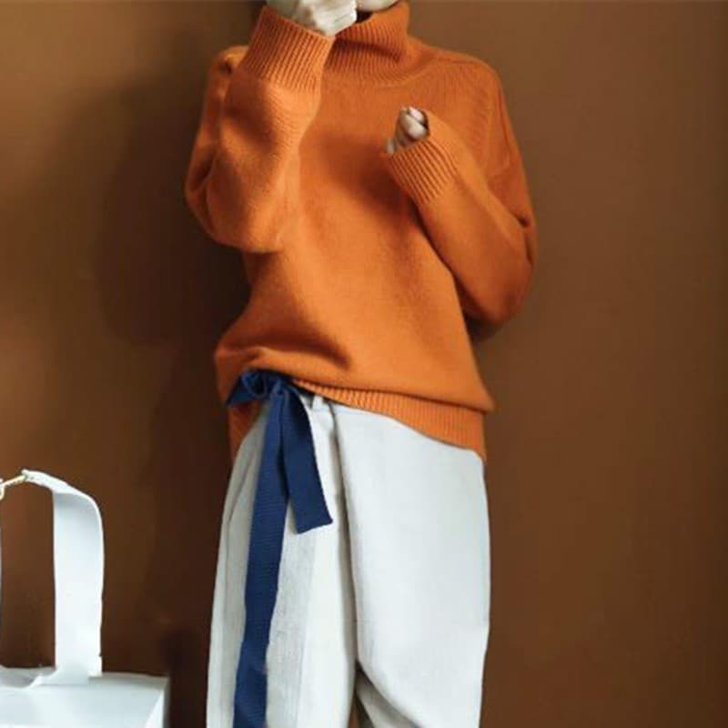 Orange High Collar Women's Thickened Knitted Loose Lazy Fashion Bottoming Sweater Comfortable Long Sleeve Solid Color Knitwear