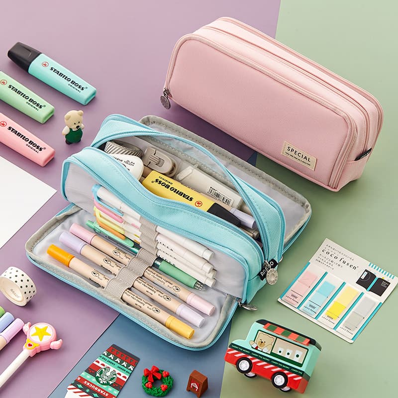 Angoo Large Capacity Simple Pencil Case Stationery Box for Junior And High School Girls Multi-Function Oxford Pencil Bag