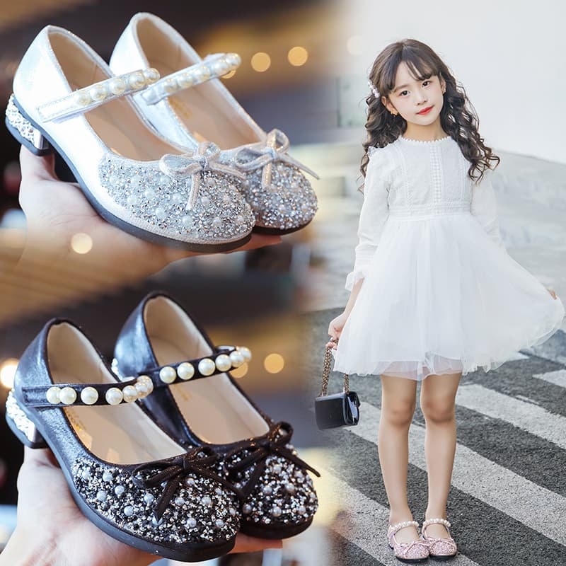 Girls' high heels 2025, little girl leather shoes, soft-soled Elsa princess shoes, children's crystal shoes, sparkly baby shoes