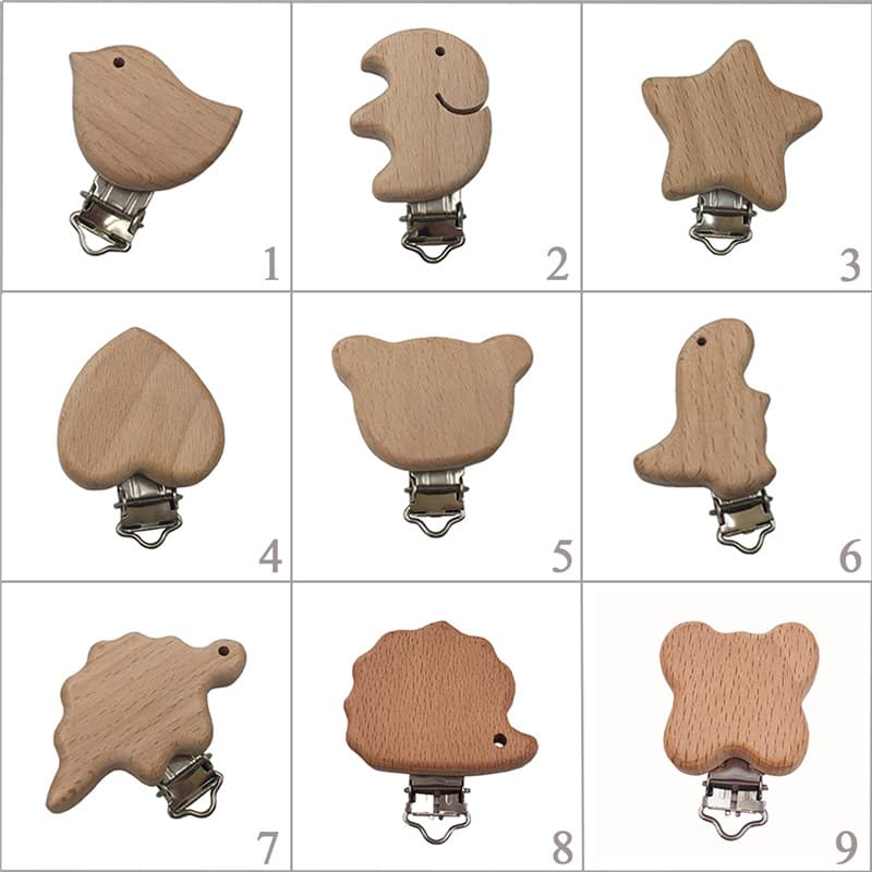 DIY Baby Pacifier Clip Anti-Drop Chain Clip Beech Wood Cartoon Animal Pacifier Clip Wholesale