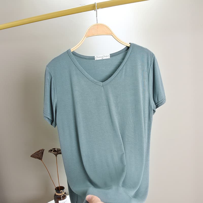 Modal T-Shirt for Women Summer Korean Loose Fit Short Sleeve V-Neck Tee Stylish Versatile Basic Top