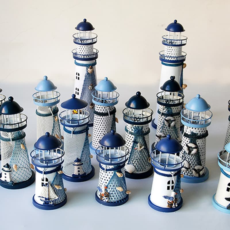 Tin Candle Holder Lighthouse - Mediterranean Romantic Decor, Photography Prop, Home Desktop Ocean Lighthouse Ornament
