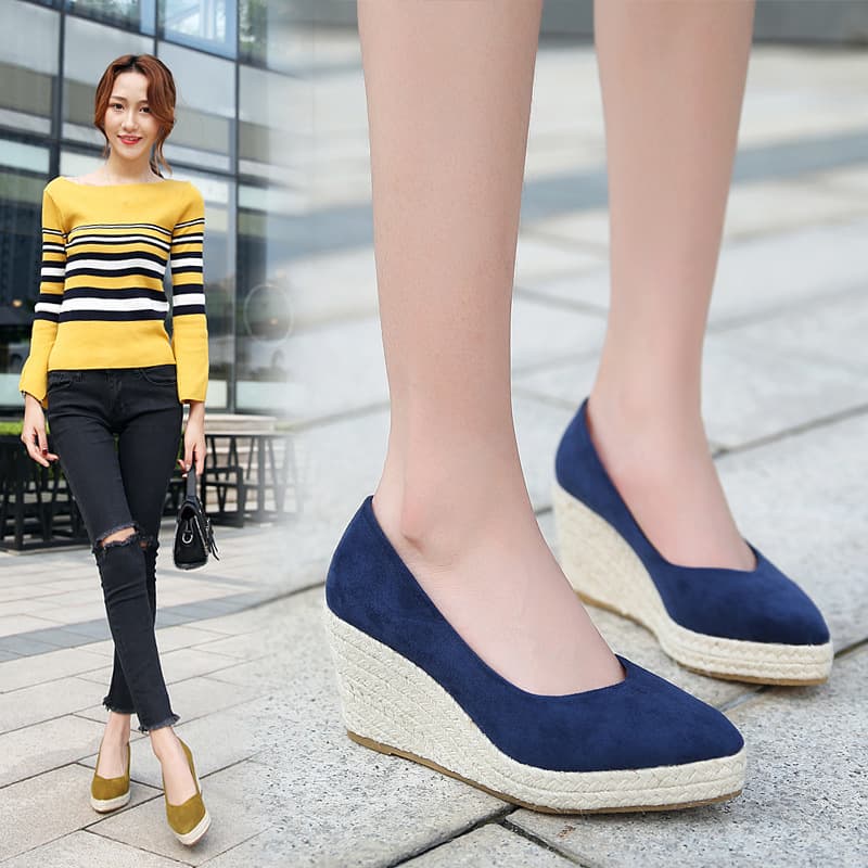 AliExpress 2020 Spring Autumn New Wedge Heel Flats Women Pointed Toe Shallow Mouth Thick Sole Woven High Heel Shoes Chunky Heel