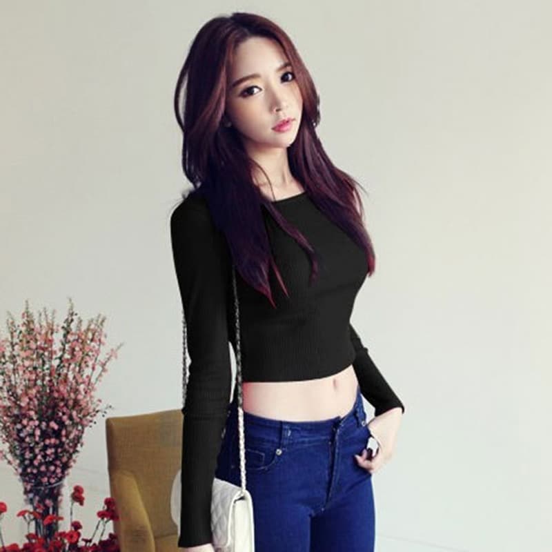 2025 spring and summer tight-fitting inner cotton bottoming shirt for women, short long-sleeved T-shirt for women, navel-baring high-waisted sports top