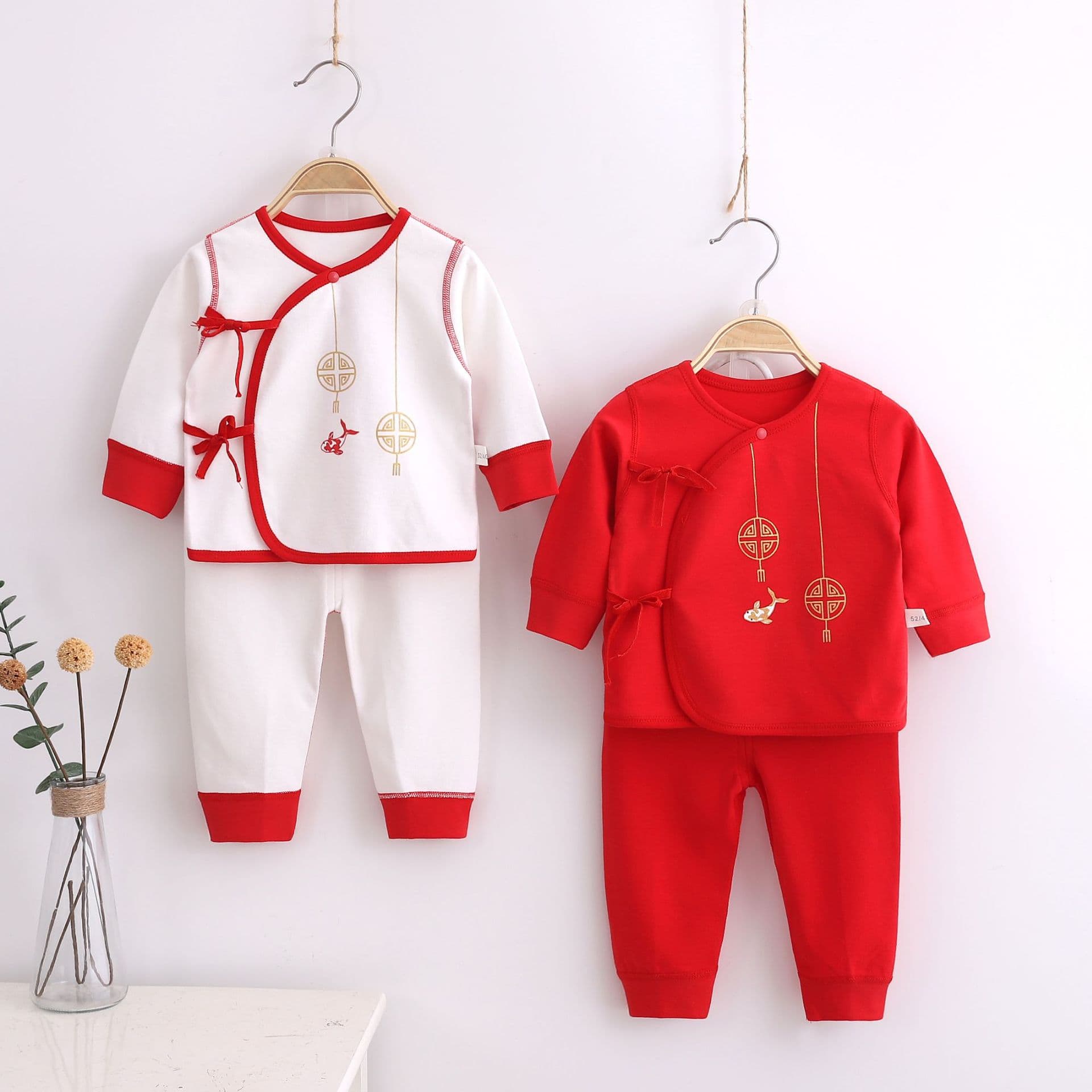 Red Baby One-Month-Old Cotton Underwear Set Festive Birth Infant Open Crotch Tie Monk Suit Cotton New Year Clothes Newborn