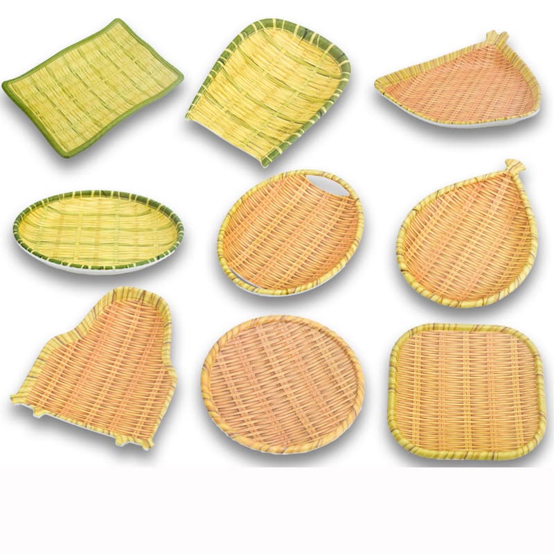 Bamboo Woven Round Plastic Hot Pot Plate Restaurant Large BBQ Dish Farmhouse Tableware Green Roasted Chicken Plate Banquet