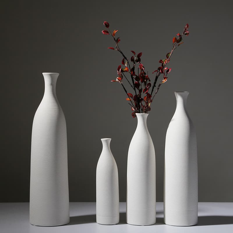 Modern Minimalist White Ceramic Vase Decorative Ornament Simple Striped Furnishing Sample Room Restaurant Living Room Display