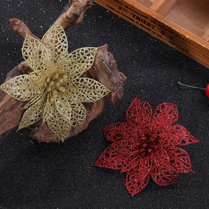 Artificial Plastic Christmas Flowers, Christmas Tree Wreath Decoration Accessories, Multi-Color Options, Christmas Hollow Gold Glitter Flower