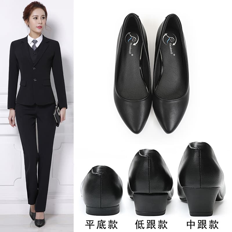 Women's Work Shoes Black Leather Autumn Flat Low Medium High Heel Large Size Single Shoes Small Size