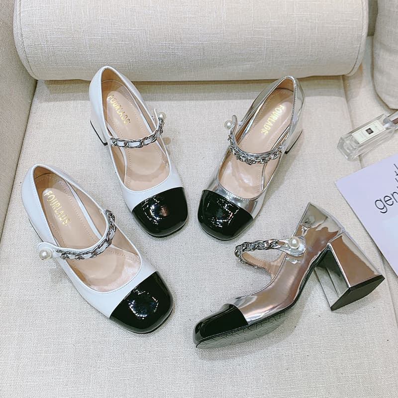 Patent Leather Women's New High Heel Shoes Round Toe Vintage Mary Jane Chunky Heel Audrey Pearl Shoes