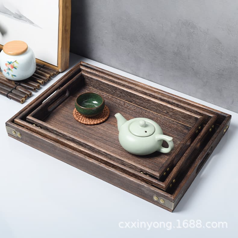 Wooden tray made of paulownia wood, retro rectangular home/hotel serving plate for fruits, bread, and pizza.