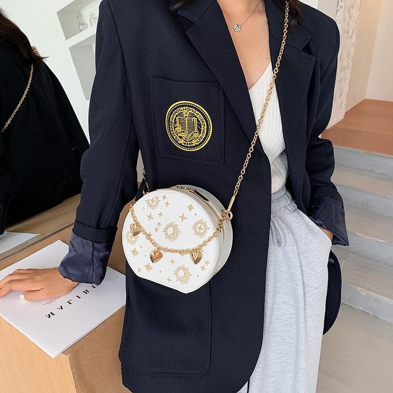 Vintage Embroidered Small Round Bag Star Moon Distinctive Portable Love Chain Handbag Women's Bag Shoulder Crossbody Bag