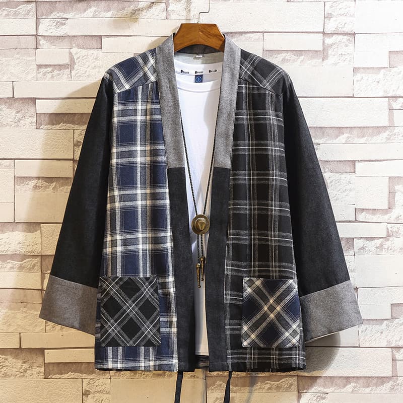 2024 Spring Autumn New Chinese Style Patchwork Color Block Plaid Cardigan Hanfu Men's Fashion Taoist Robe Three-Quarter Sleeve Jacket