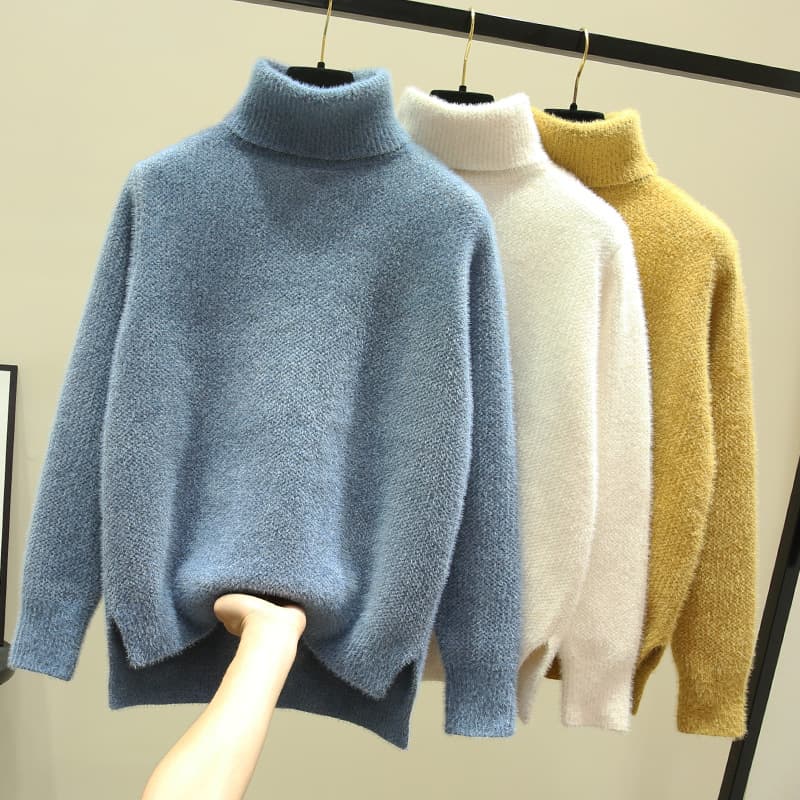 Women's Autumn/Winter 2021 New Loose-fitting High-neck Knitted Faux Mink Fleece Thick Chenille Base Sweater