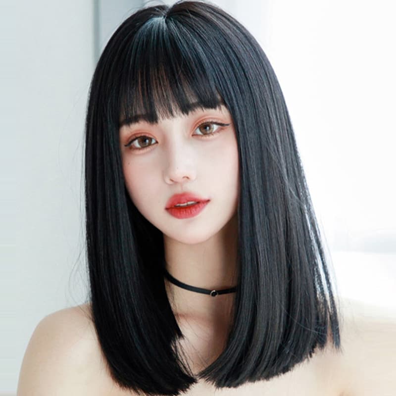 Lisa Style Comic Bangs Black Medium-Long Straight Hair Cute Fashion Full Wig