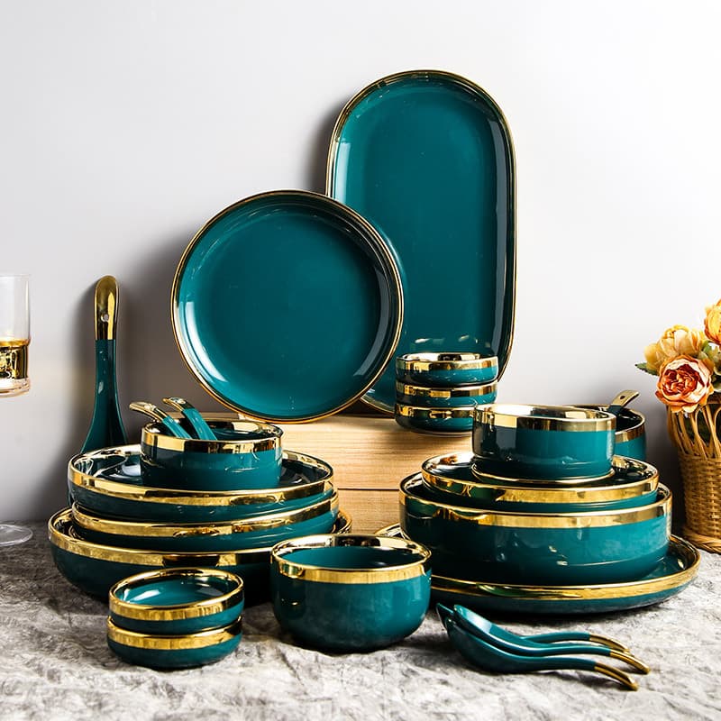 Nordic style ceramic bowl dish suit simple household Rice Bowl plate fish plate light luxury golden edge tableware full set gift box
