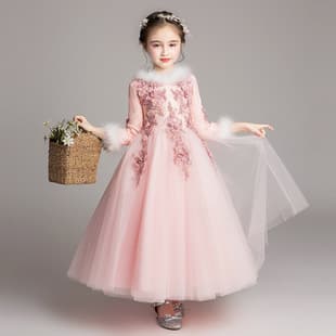 Girls Dress Pink 2021 Autumn Winter New Thickened Princess Dress Flower Girl Tutu Host Children's Performance Dress