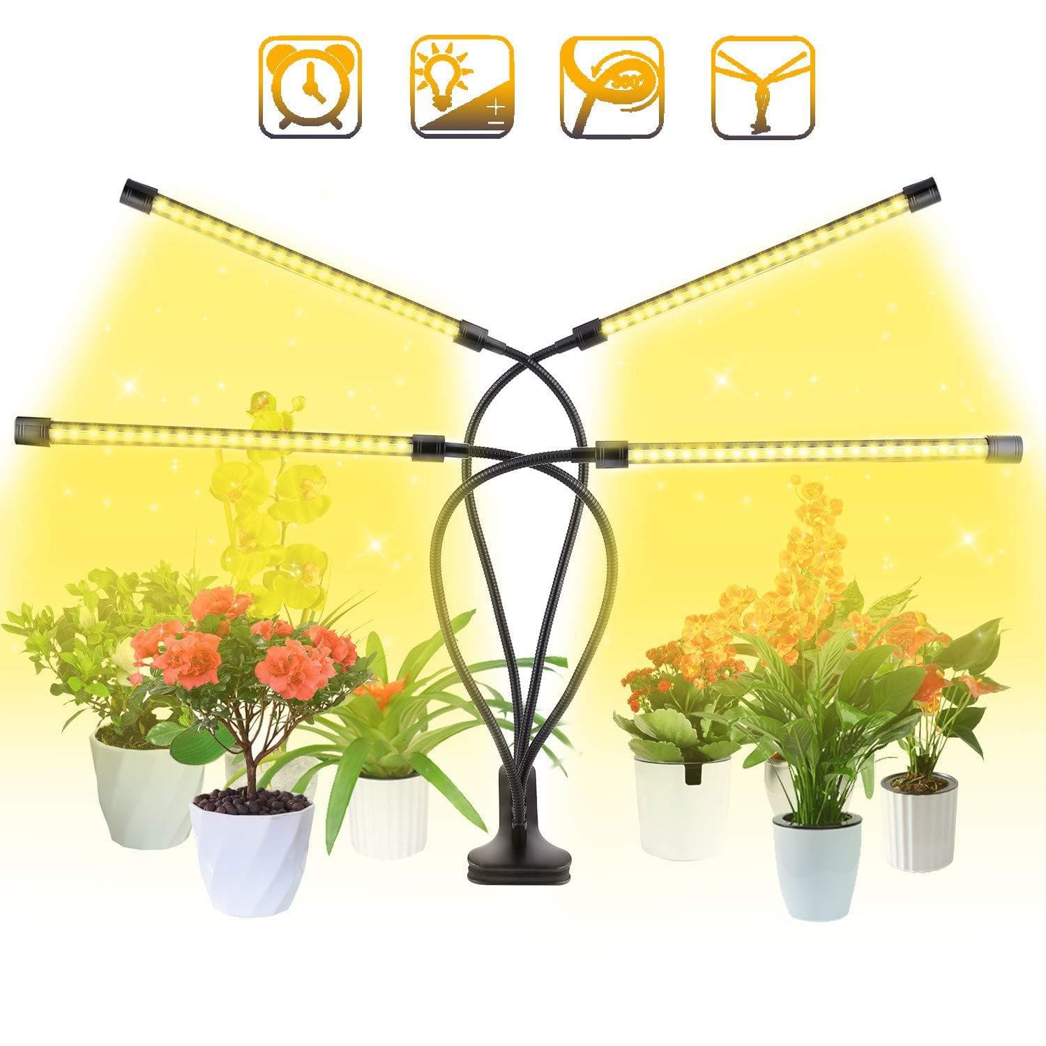 LED Plant Growth Light with Full Spectrum, Dimming, Timer, and Clip-on Design (2-4 Heads) Simulating Sunlight