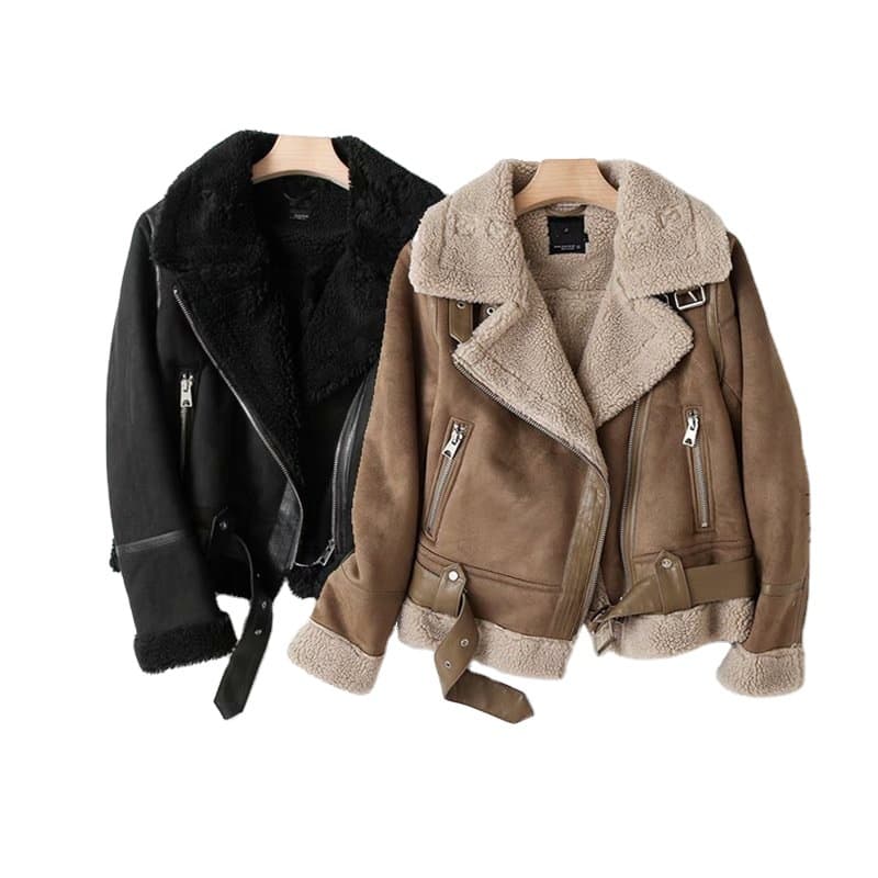 Large stock of winter women's thick faux fur and suede biker jacket with oversized lapel