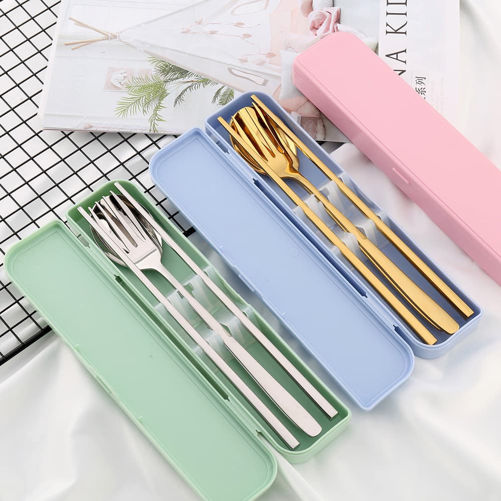 304 Portable Stainless Steel Cutlery Set with Square Chopsticks, Spoon, Fork, and Plastic Case - Custom Logo Available