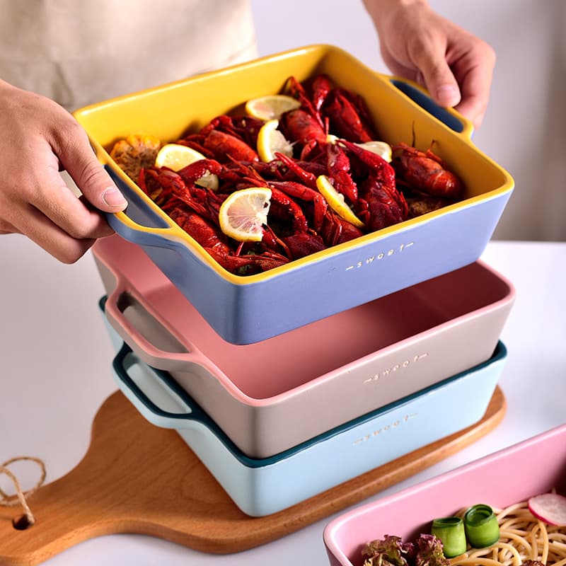 Nordic Square Binaural Baking Plate Household Microwave Baking Cheese Baked Rice Ceramic Plate Fruit Salad Tableware Plate