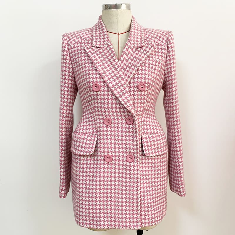 High Street Fashion 2026 Early Spring New Premium Slim Fit Pink Houndstooth Wool Coat with Notch Lapel