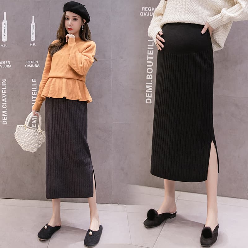 Autumn/Winter Maternity Mid-Length Slit Belly Support Knit Skirt, Spring/Autumn Wearable Solid Color Slimming Bodycon Skirt