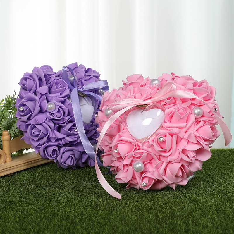 Cross-border Western Bride and Groom White Ring Pillow PE Foam Rose Heart-Shaped Ring Pillow Wedding Ring Box Wholesale