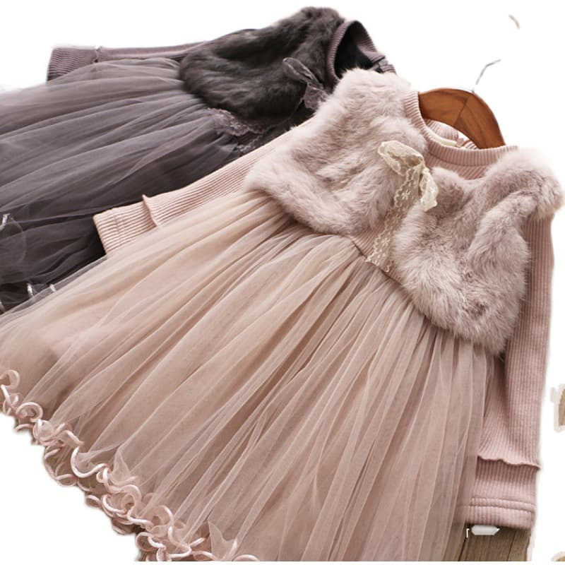 Girls' Stylish Faux Two-Piece Mink-Like Princess Tulle Dress Winter Baby Princess Dress YS6028