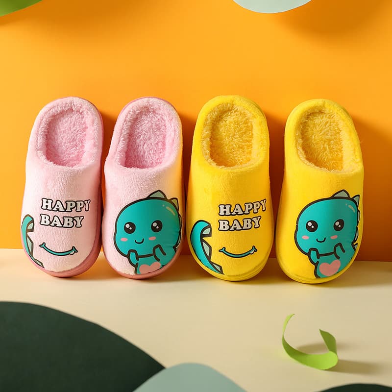 Autumn/Winter Matching Children's Cotton Shoes for Girls, Indoor Home Cartoon Cute Non-Slip Thick Sole Small Dinosaur Furry Slippers