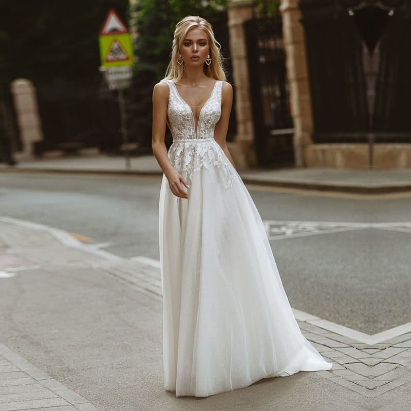 2025 New Bridal French Light Wedding Dress, Sheer Deep V-Neck Sexy Train Slimming Wedding Gown