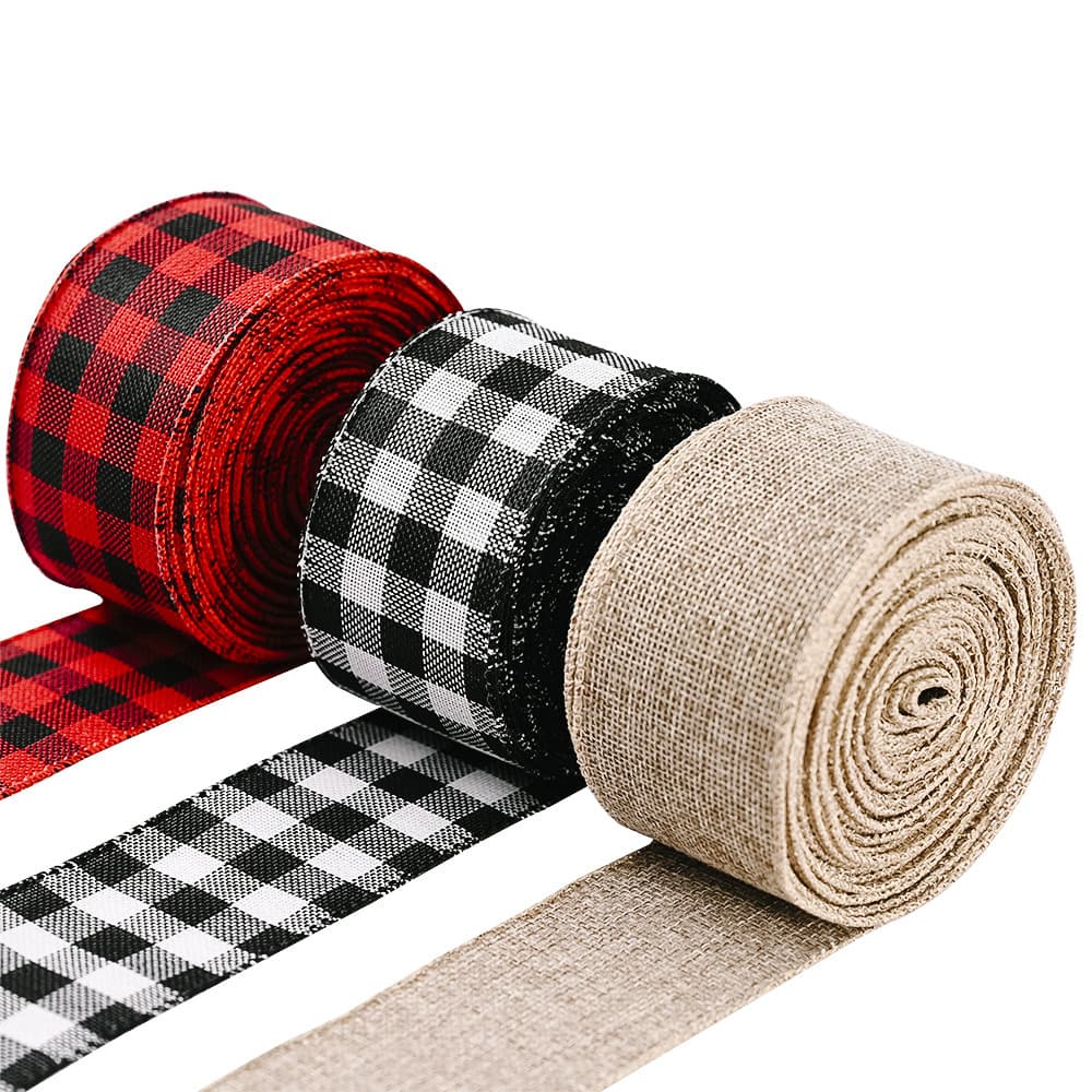 Haobei Christmas decoration supplies red and black plaid ribbon Christmas atmosphere arrangement black and white plaid webbing plaid cloth