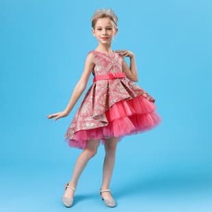 Girls Dress Jacquard Train Princess Skirt Multi-Layer Tulle Cake Dress Flower Girl Wedding Performance Multi-Color Gown
