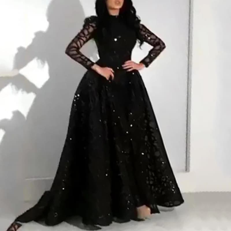 2025 New European and American Women's Dress Amazon Independent Station Long Sleeve Gold Fleck Long Dress Gown