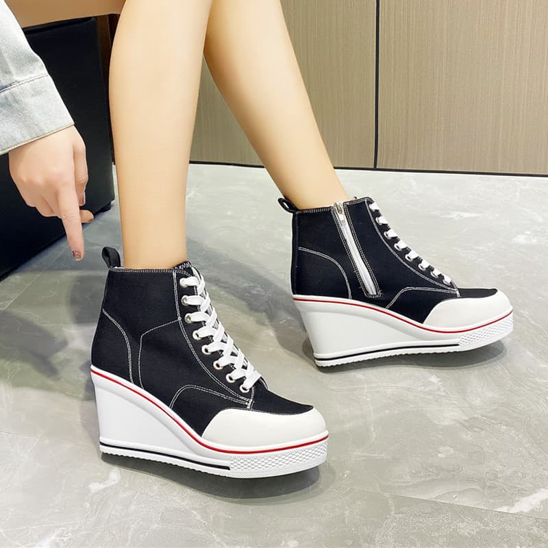 2022 New Arrival Wedge Canvas Shoes Solid Color High Heel Casual Inner Height Increasing Korean Women's Shoes Thick Sole Plus Size Cross-border Women's Shoes