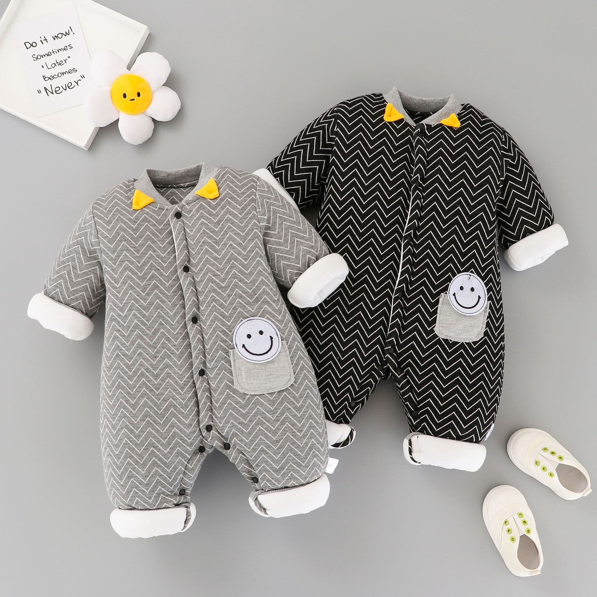 Baby Romper Newborn Outfit Boys Long-Sleeve Cotton Winter Single-Breasted Button Thick Warm Clothing Pure Cotton with Hood