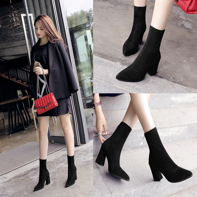 Women's Short Boots for Autumn and Winter, New Elastic Boots, Winter Thick Heel Thin Boots, Summer British Style Fashion Boots