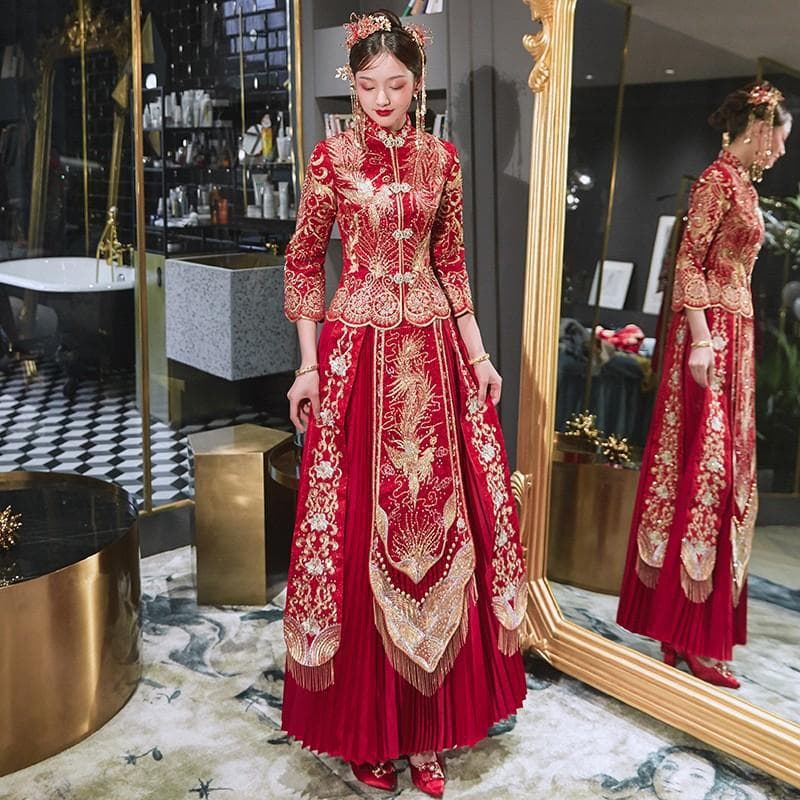 Elegant 2025 Autumn/Winter New Chinese Style Wedding Dresses Bride's Gowns Phoenix Crown Mantle Women's Formal Evening Dress