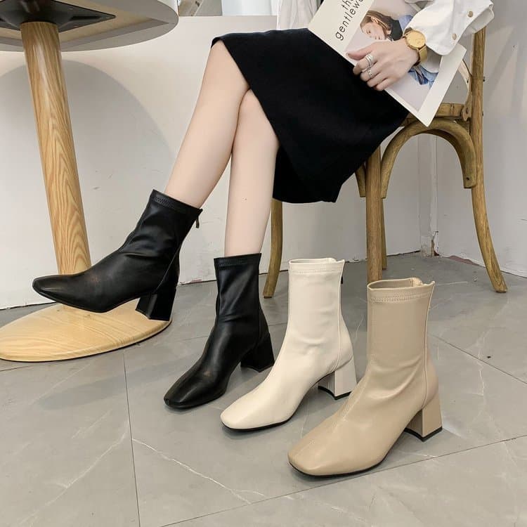 Women's Martin Boots 2024 New Winter Boots Square Toe Back Zipper Short Boots, Women's Chunky Heel Mid-Heel Boots 6cm