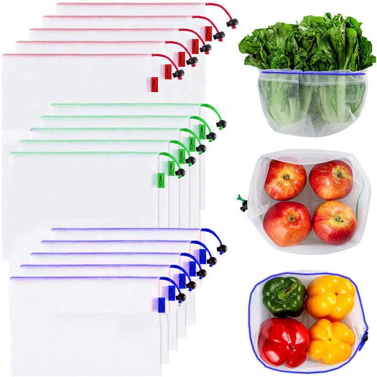 Reusable vegetable and fruit mesh bags, biodegradable shopping bags for supermarkets, polyester transparent net bags from manufacturers.
