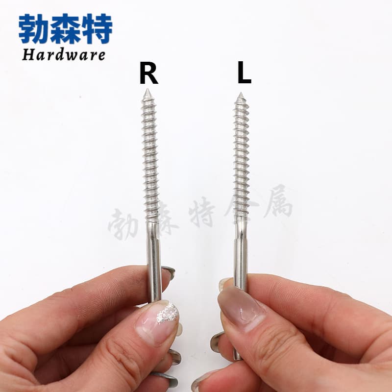 Wire rope connectors, straight rod wood screws, straight rod wood thread cable tensioners, self-tapping wood stake guardrails