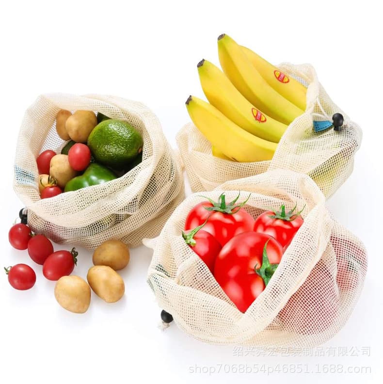 Full Cotton Eco-Friendly Fruit Mesh Bag, Produce Shopping Storage Drawstring Bag, Fruit Portioning Bag