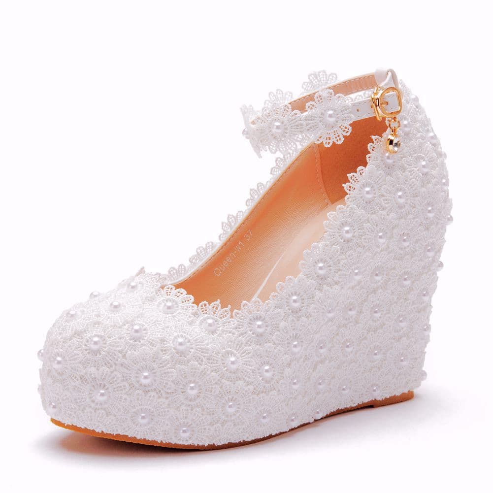 White Lace Wedding Shoes, Export Wedge Heel Flats, One-Strap Buckle Wedge Heels, Platform Export Large Size Women's Shoes