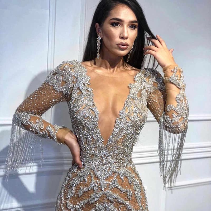 2026 European and American Women's Deep V Cutout Amazon Long Sleeve Gold Fleck Dress Gown