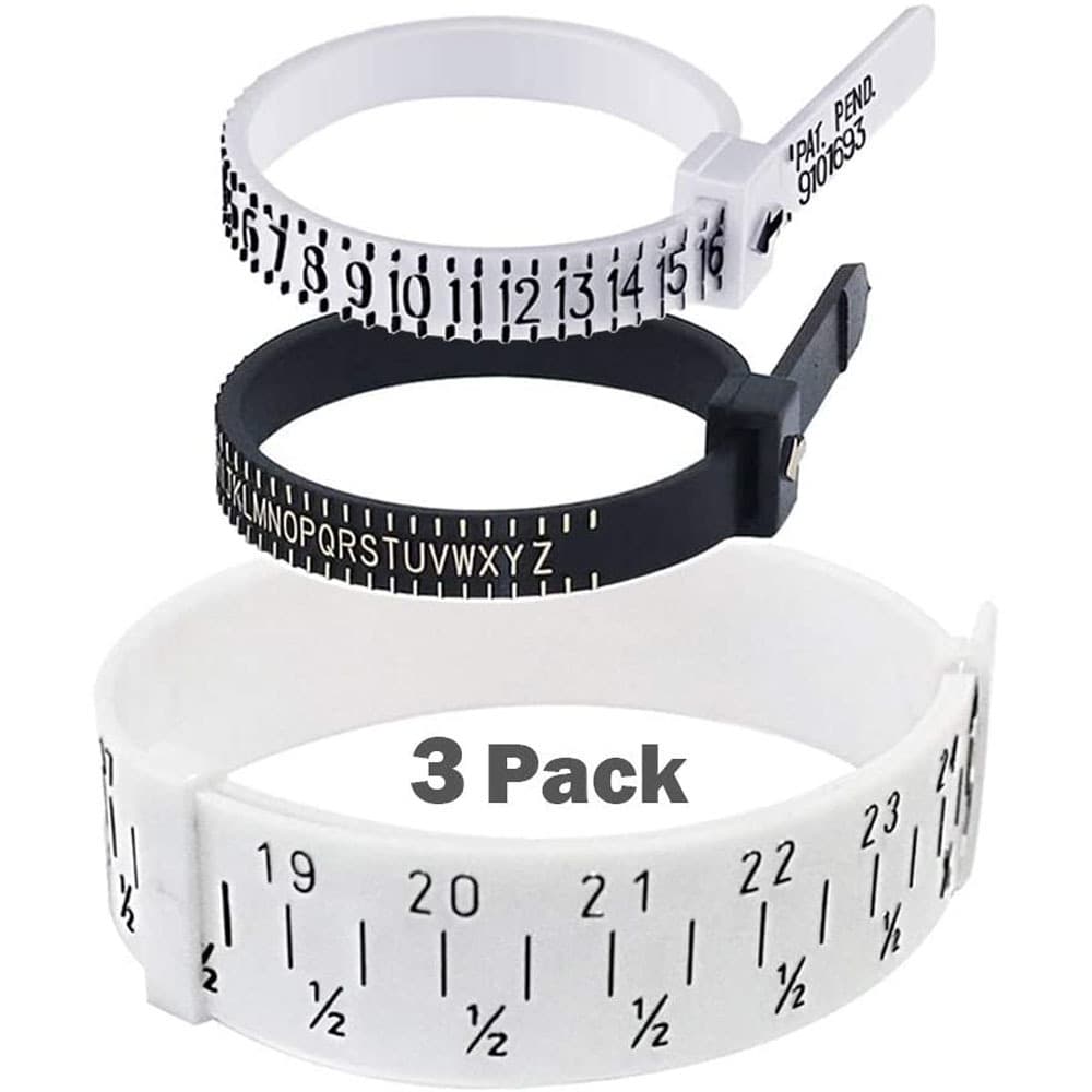 3-piece jewelry measuring set, including PU bracelet measuring tape, US size ruler, and ring size measuring tool.