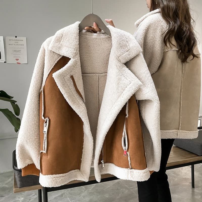 New Fall/Winter 2026 Women's Versatile Loose-Fit Suede and Shearling-Lined Short Motorcycle Jacket with Faux Fur