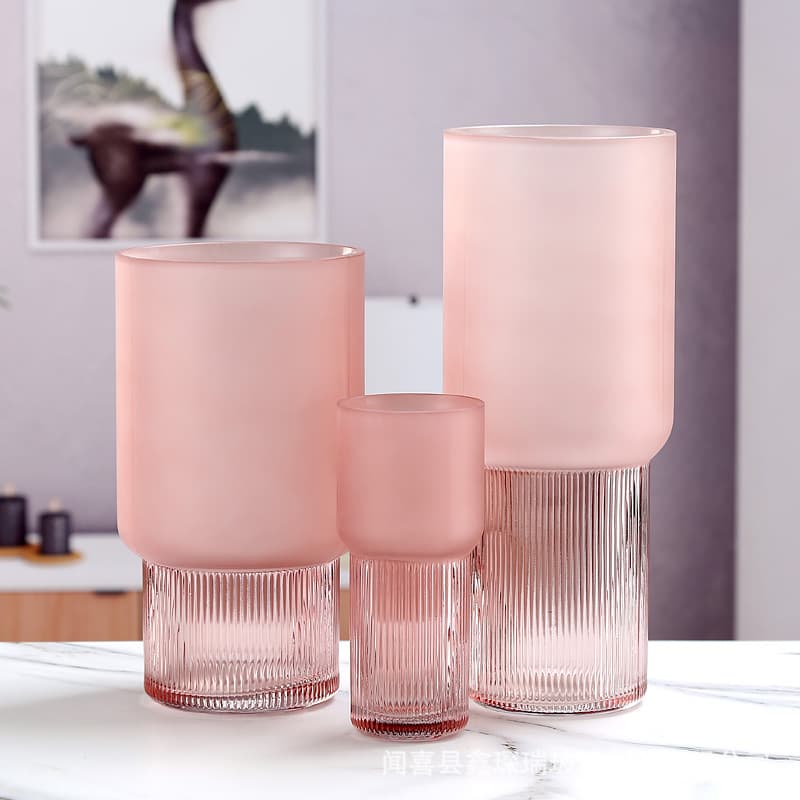 Pink Frosted Vertical Stripe Glass Vase Ins Style Three-Piece Set Hotel Dining Table Flower Vase Living Room Glass Bottle